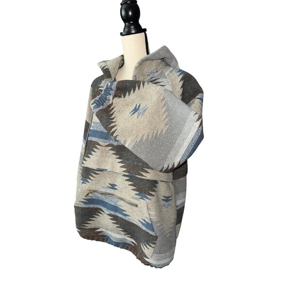 Main Strip Southwestern Aztec Print Hooded Sweatshirt Gray/Blue/Brown Soft Large - Picture 2 of 6